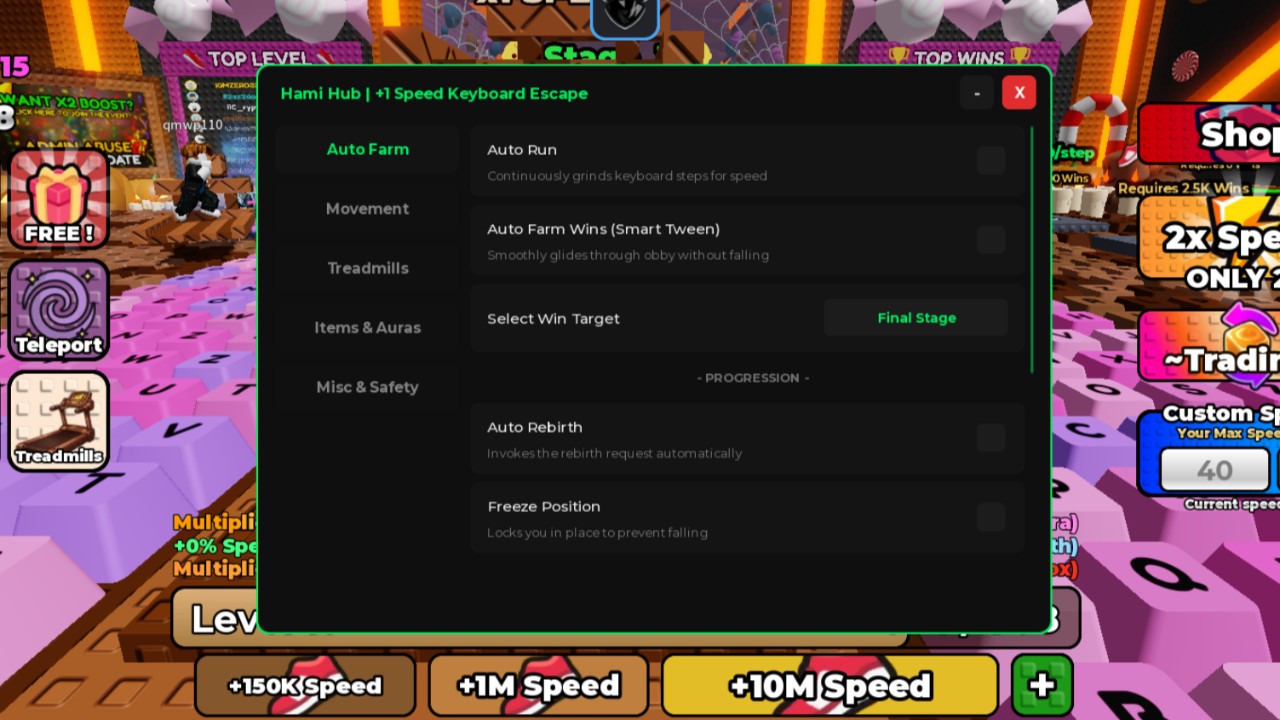Auto Farm, Auto Run, Auto Rebirth, Freeze Pos