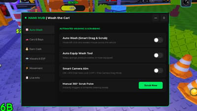 Auto Wash, Auto Equip, Walk Speed, No Clip