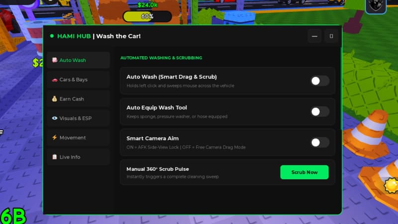 Auto Wash, Auto Equip, Walk Speed, No Clip